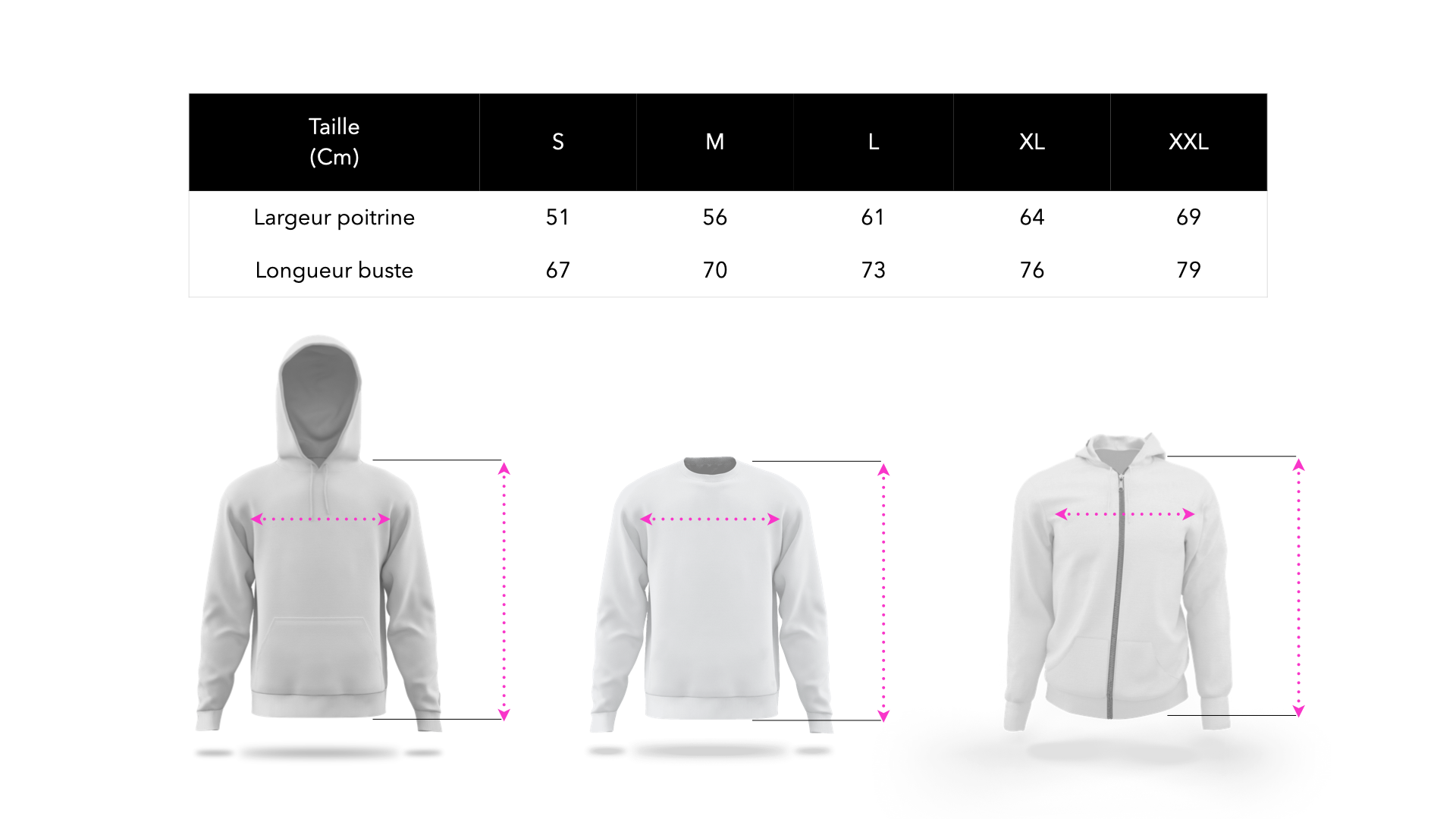 Guide des tailles Sweat à capuche et pull My Hoodies